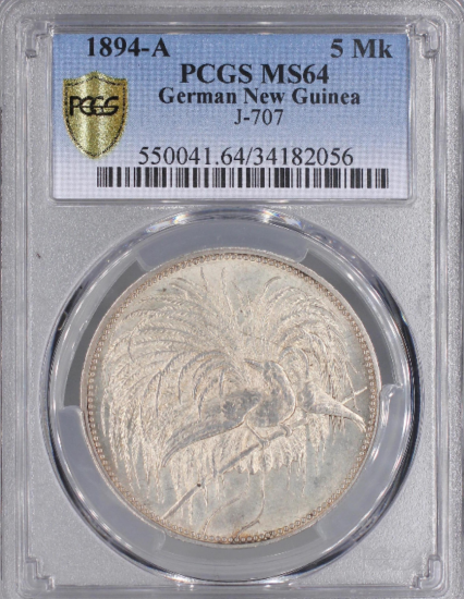 ドイツ領ニューギニア 1894A 極楽鳥 5マルク銀貨 PCGS MS64！ - 【鑑定