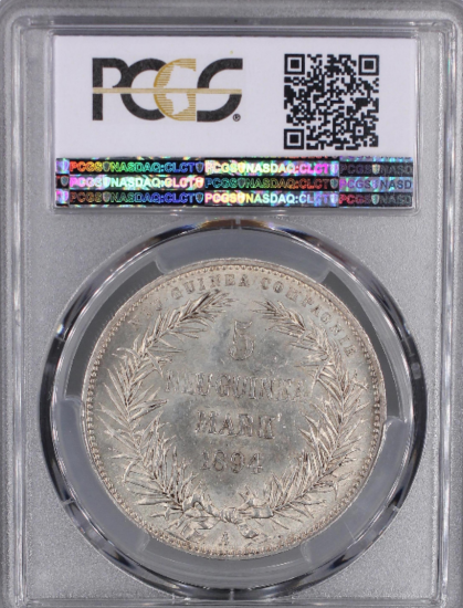 ドイツ領ニューギニア 1894A 極楽鳥 5マルク銀貨 PCGS MS64 ドイツ領ニューギニア 1894A 極楽鳥 5マルク銀貨 PCGS MS64