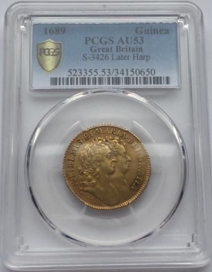 イギリス老婦人から受け継いだお金に困らない金運引き寄せ　天然サファイア特級呪物 イギリス 1689 ウィリアム&メアリー 1ギニー金貨 PCGS AU53