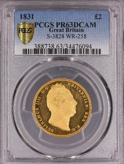 イギリス 1831 ウィリアム4世 2ポンド金貨 PCGS プルーフ63ディープカメオ 発行枚数225枚! - 【鑑定済アンティークコイン 専門店】オンラインネットショップ通販店舗『アンティークコインワールド』へようこそ！