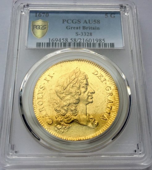 イギリス 1670 チャールズ2世 5ギニー金貨 PCGS AU58! 最高鑑定品