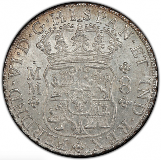 メキシコ 1757MM フェルナンド6世 8レアル銀貨 ピラーダラー PCGS MS62 