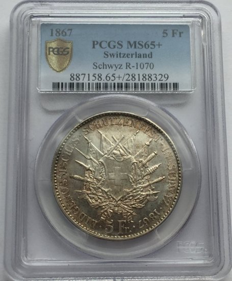 スイス 1867 シュヴィーツ 5フラン銀貨 射撃祭記念 PCGS MS65＋ -  【鑑定済アンティークコイン専門店】オンラインネットショップ通販店舗『アンティークコインワールド』へようこそ！