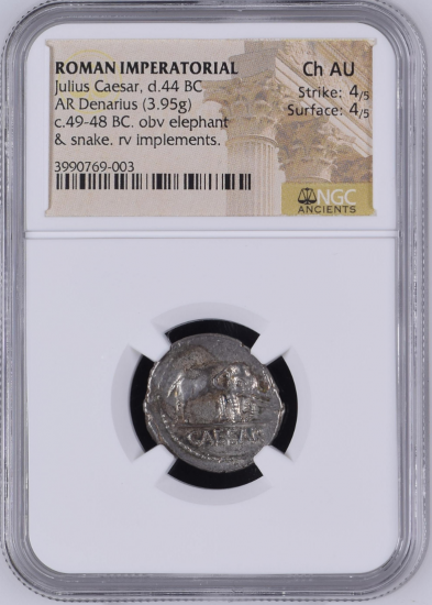 古代ローマ BC44頃 ジュリアス・シーザー（カエサル） デナリウス銀貨 NGC Ch AU 4/5 