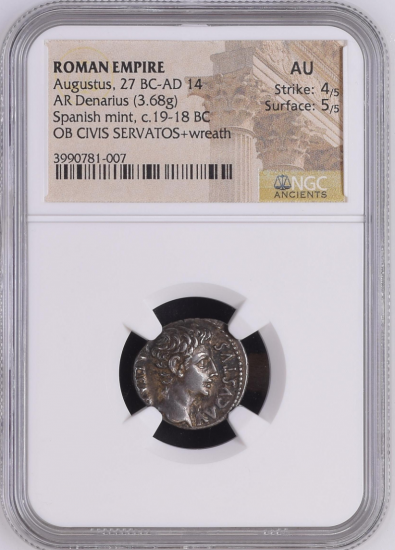 ローマ帝国 BC27-AD14 アウグストゥス デナリウス銀貨 NGC AU 4/5,5/5 