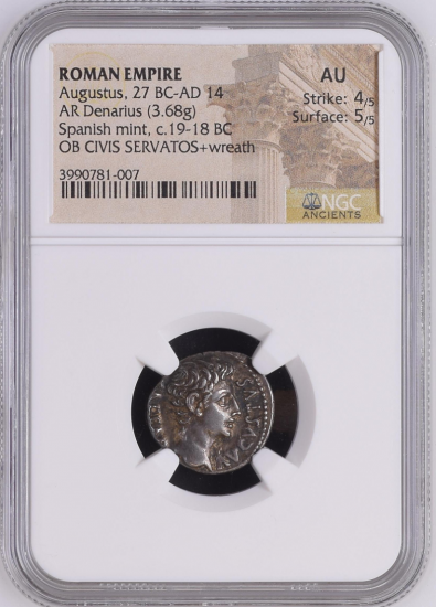 ローマ帝国 BC27-AD14 アウグストゥス デナリウス銀貨 NGC AU 4/5,5/5