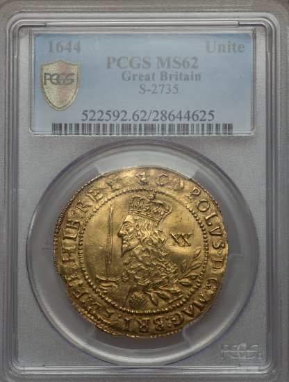 イギリス イングランド 1644 チャールズ1世 ユナイト金貨 PCGS MS62 