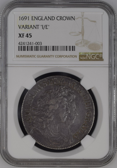 イギリス 1691 I/E ウィリアム&メアリー クラウン銀貨 NGC XF45 鑑定