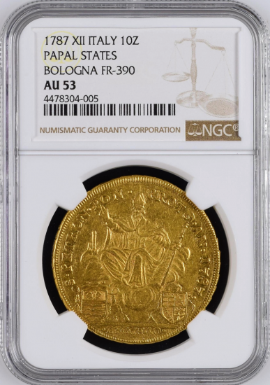 イタリア教皇領 ボローニャ 1787 ピウス6世 (ローマ教皇) 10ゼッキーニ金貨 NGC AU53 - 【鑑定済アンティークコイン 専門店】オンラインネットショップ通販店舗『アンティークコインワールド』へようこそ！