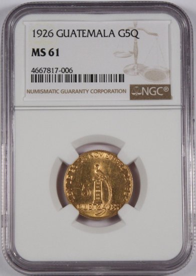 グァテマラ 1926 5ケッツァル金貨 ケツァル鳥 NGC MS61 - 【鑑定済