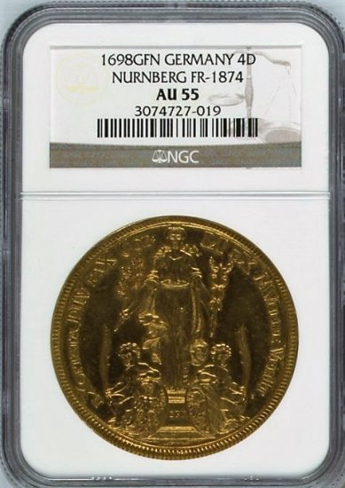 ドイツ ニュルンベルク 1698年 都市景観 4ダカット金貨 NGC AU55 鑑定唯一品！ - 【鑑定済アンティークコイン 専門店】オンラインネットショップ通販店舗『アンティークコインワールド』へようこそ！