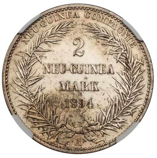 ドイツ領ニューギニア 1894A 極楽鳥 2マルク 銀貨 NGC MS61 PL
