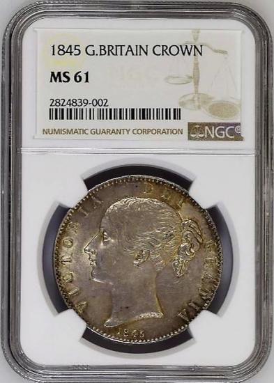 濃いピンク系統 1845年 イギリス クラウン銀貨 NGC ビクトリア ヤング