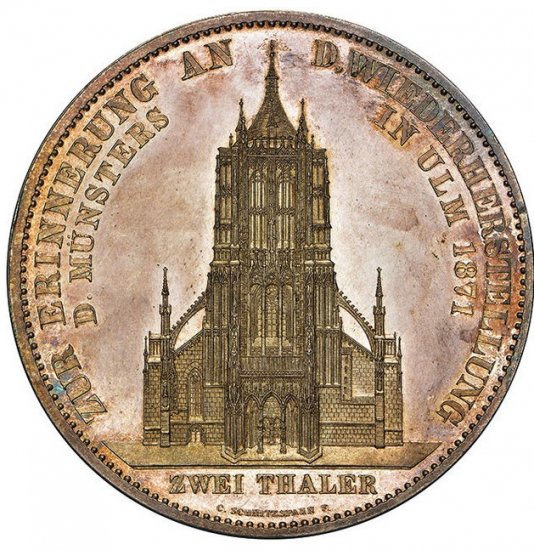 ドイツ ビュルテンベルク 1871年 ウルム大聖堂修復記念 2ターラー銀貨 