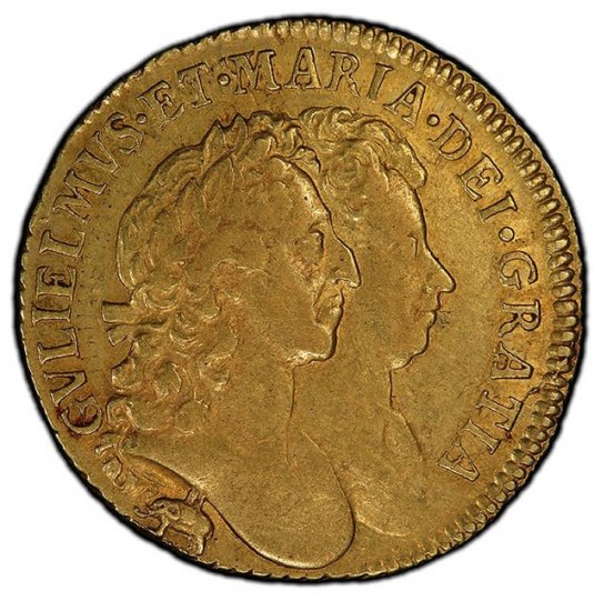 イギリス 1689 ウィリアム&メアリー 1ギニー金貨 PCGS AU50 象と城