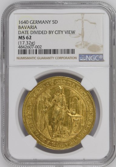 神聖ローマ帝国 ドイツ バイエルン 1640年 マクシミリアン1世 5ダカット金貨 NGC MS62! 稀少な『DATE DIVIDED』! - 【鑑定 済アンティークコイン専門店】オンラインネットショップ通販店舗『アンティークコインワールド』へようこそ！