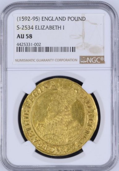 イギリス イングランド 1592-95 エリザベス1世 1ポンド金貨 NGC AU58