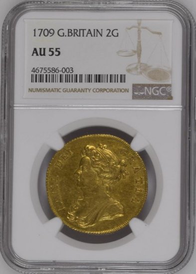 イギリス 1709 アン女王 2ギニー金貨 NGC AU55 - 【鑑定済アンティーク 