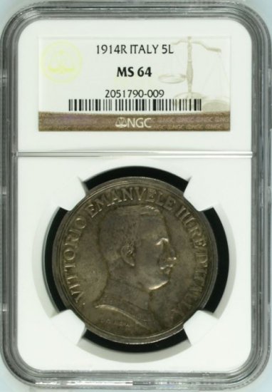 イタリア 1914R ヴィットリオ・エマヌエレ3世 5リレ銀貨 NGC MS64 