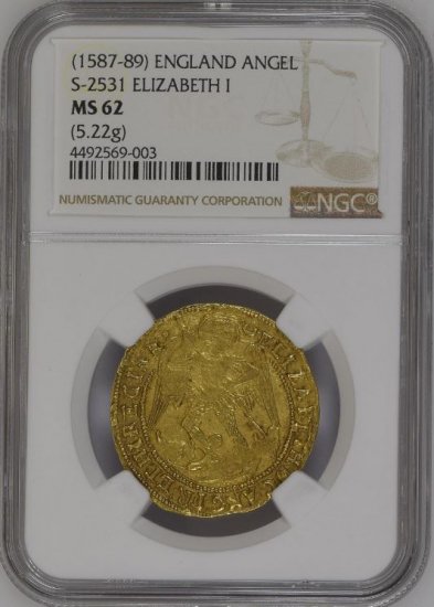 イギリス イングランド 1587-89 エリザベス1世 エンジェル金貨 NGC 