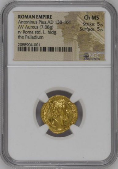 古代ローマ 138-161年 アントニヌス・ピウス アウレウス金貨 NGC 『Ch 