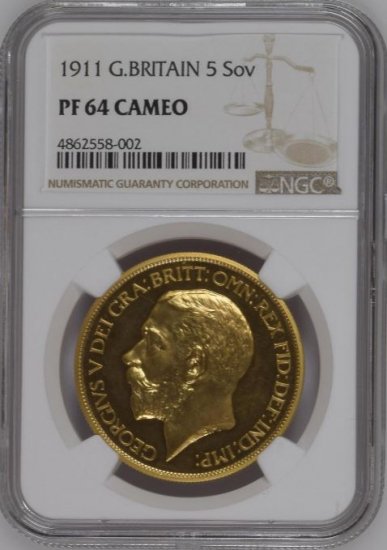 イギリス 1911年 ジョージ5世 5ポンド 金貨 NGC PF64 CAMEO! プルーフ64カメオ! - 【鑑定済アンティークコイン 専門店】オンラインネットショップ通販店舗『アンティークコインワールド』へようこそ！