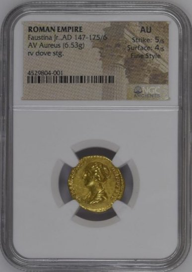 古代ローマ AD147-175 小ファウスティナ(アントニヌスピウス帝の娘) アウレウス金貨 NGC AU 5/5,4/5 準未使用 『Fine  Style』! - 【鑑定済アンティークコイン専門店】オンラインネットショップ通販店舗『アンティークコインワールド』へようこそ！