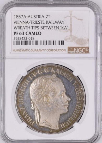 オーストリア 1857A 2ターラー ウィーン・トリエステ鉄道開通記念銀貨 NGC PF63 CAMEO プルーフ63カメオ! - 【鑑定済 アンティークコイン専門店】オンラインネットショップ通販店舗『アンティークコインワールド』へようこそ！