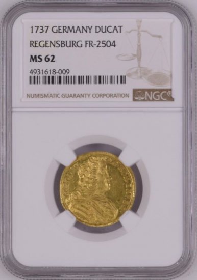 ドイツ レーゲンスブルク 1737 カール5世 ダカット 金貨 NGC MS62! 発行枚数16枚! 都市景観 フリーメーソン! 鑑定唯一品! - 【 鑑定済アンティークコイン専門店】オンラインネットショップ通販店舗『アンティークコインワールド』へようこそ！