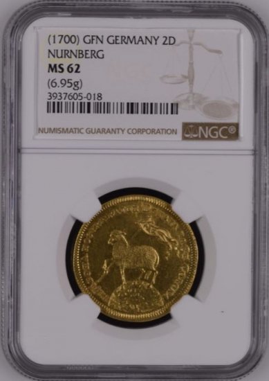 ドイツ ニュルンベルク 1700年 ラムダカット 2ダカット 金貨 NGC MS62 地球上の羊 - 【鑑定 済アンティークコイン専門店】オンラインネットショップ通販店舗『アンティークコインワールド』へようこそ！