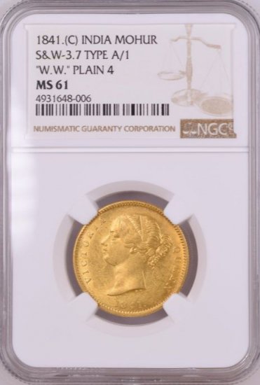 インド 英領インド 東インド会社 1841年 ビクトリア モハール金貨 NGC MS61 - 【鑑定済アンティークコイン 専門店】オンラインネットショップ通販店舗『アンティークコインワールド』へようこそ！