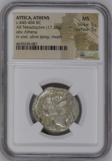 古代ギリシャ アッティカアテネ BC440-404 テトラドラクマ ふくろう 銀貨 NGC MS 5/5, 5/5 未使用! 満点評価! -  【鑑定済アンティークコイン専門店】オンラインネットショップ通販店舗『アンティークコインワールド』へようこそ！