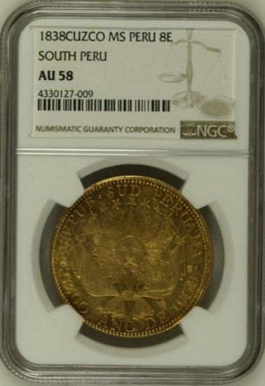 南ペルー共和国 1838 8エスクード 金貨 輝く太陽 NGC AU58 - 【鑑定済