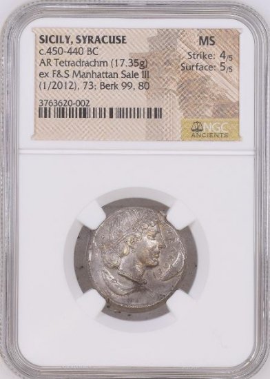 古代ギリシャ シラクサ BC450-440 テトラドラクマ 銀貨 NGC MS 4/5, 5/5 ハイグレード! 未使用! クァドリガ  水の精アルトゥーサ イルカ - 【鑑定済アンティークコイン専門店】オンラインネットショップ通販店舗『アンティークコインワールド』へようこそ！