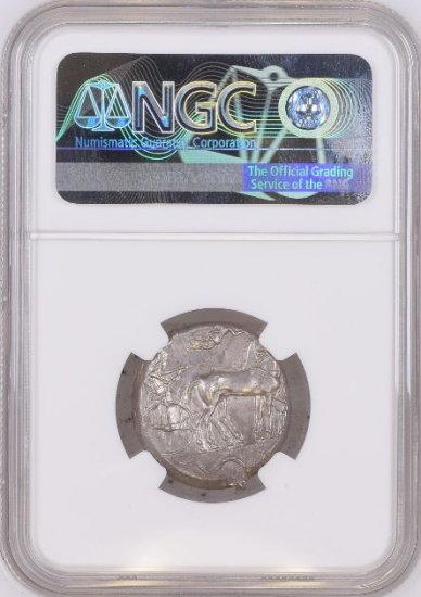 古代ギリシャ シラクサ BC450-440 テトラドラクマ 銀貨 NGC MS 4/5, 5/5 ハイグレード! 未使用! クァドリガ  水の精アルトゥーサ イルカ - 【鑑定済アンティークコイン専門店】オンラインネットショップ通販店舗『アンティークコインワールド』へようこそ！