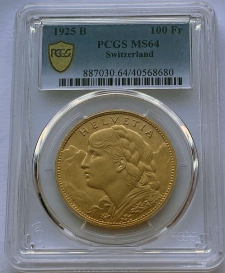 スイス 1925B 100フラン ブレネリ アルプスと少女 金貨 PCGS MS64 - 【鑑定済アンティークコイン 専門店】オンラインネットショップ通販店舗『アンティークコインワールド』へようこそ！