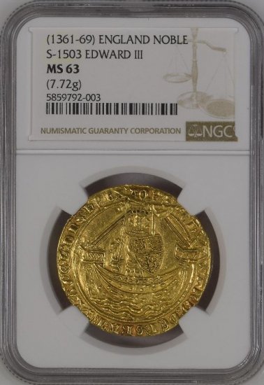 イギリス イングランド 1361-69 エドワード3世 ノーブル金貨 NGC MS63