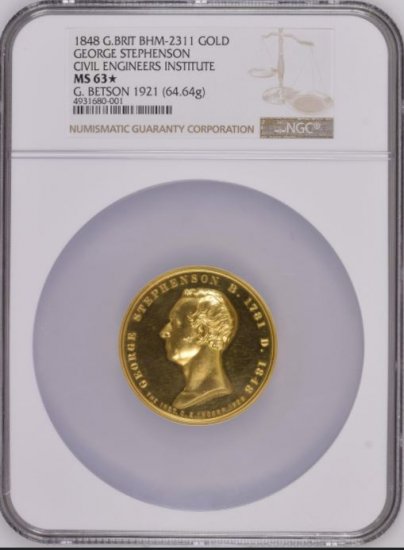 イギリス ジョージ・スティーブンソン メダル NGC MS63☆! 鑑定唯一品