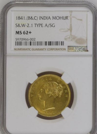 インド 英領インド 東インド会社 1841年 ビクトリア モハール金貨 NGC MS62+ 『フォックスフェイス』! -  【鑑定済アンティークコイン専門店】オンラインネットショップ通販店舗『アンティークコインワールド』へようこそ！