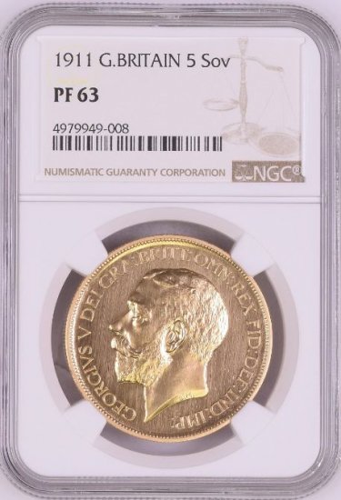 イギリス 1911年 ジョージ5世 5ポンド 金貨 NGC PF63 プルーフ63