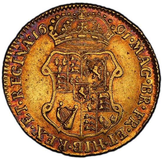 イギリス 1691 ウィリアム&メアリー 1ギニー金貨 PCGS AU53 象と城