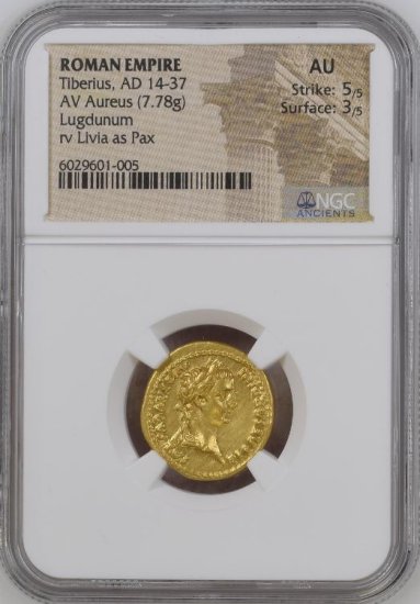 古代ローマ AD14-37 ティベリウス アウレウス金貨 NGC 『AU』 5/5