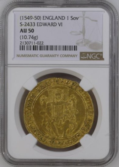 イギリス イングランド 1549-50 エドワード6世 ソブリン金貨 NGC AU50