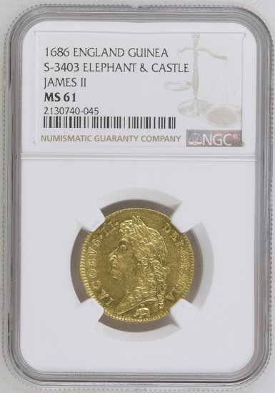 イギリス 1686 ジェームズ2世 ギニー金貨 象と城! NGC MS61! 最高鑑定