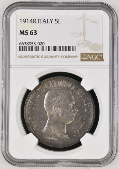 イタリア 1914R ヴィットリオ・エマヌエレ3世 5リレ銀貨 NGC MS63! -  【鑑定済アンティークコイン専門店】オンラインネットショップ通販店舗『アンティークコインワールド』へようこそ！