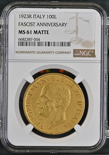 イタリア 1923R ヴィットリオ・エマヌエレ3世 100リレ金貨 NGC MS61MATTE - 【鑑定済アンティークコイン 専門店】オンラインネットショップ通販店舗『アンティークコインワールド』へようこそ！