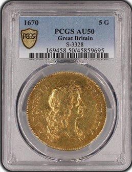 イギリス 1670 チャールズ2世 5ギニー金貨 PCGS AU50 - 【鑑定済