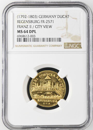 ドイツ レーゲンスブルク 1792-1803 フランツ2世 ダカット 金貨 NGC MS64DPL! ディーププルーフライク! 都市景観  フリーメーソン! - 【鑑定済アンティークコイン専門店】オンラインネットショップ通販店舗『アンティークコインワールド』へようこそ！