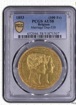 ベルギー 1853 レオポルト1世 皇太子ご成婚記念 100フラン 金貨 PCGS