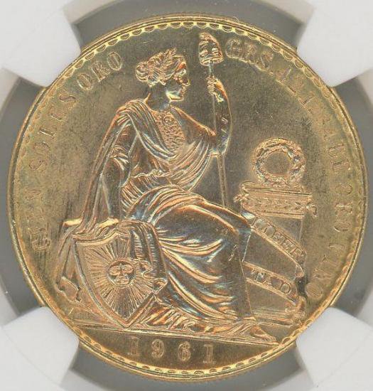 ペルー 1961 100ソル 女神の坐像 金貨 NGC MS65 - 【鑑定済